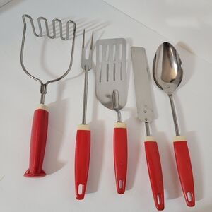 5 VTG Ekco Eterna Stainless Kitchen Utensils Red Handle Spatula Spoon Masher